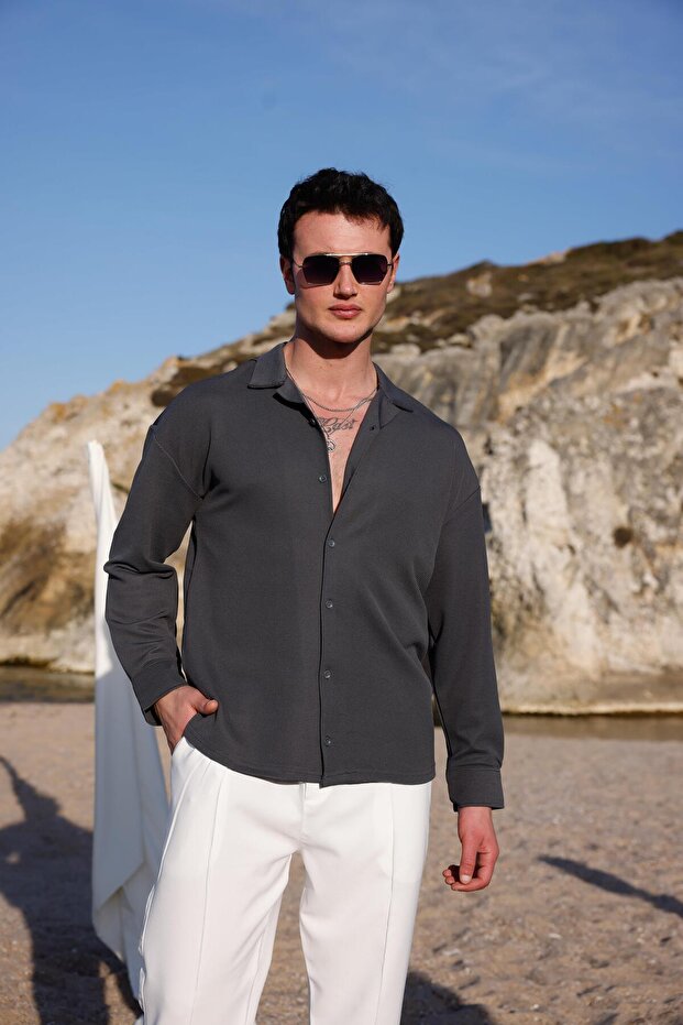 Men's Anthracite Color Knitted Ottoman Fabric Long Sleeve Shirt