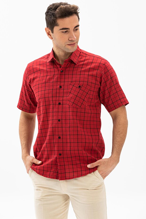 Short Sleeve Sile Cloth Single Pocket Men's Summer Shirt Red Checkered 3056