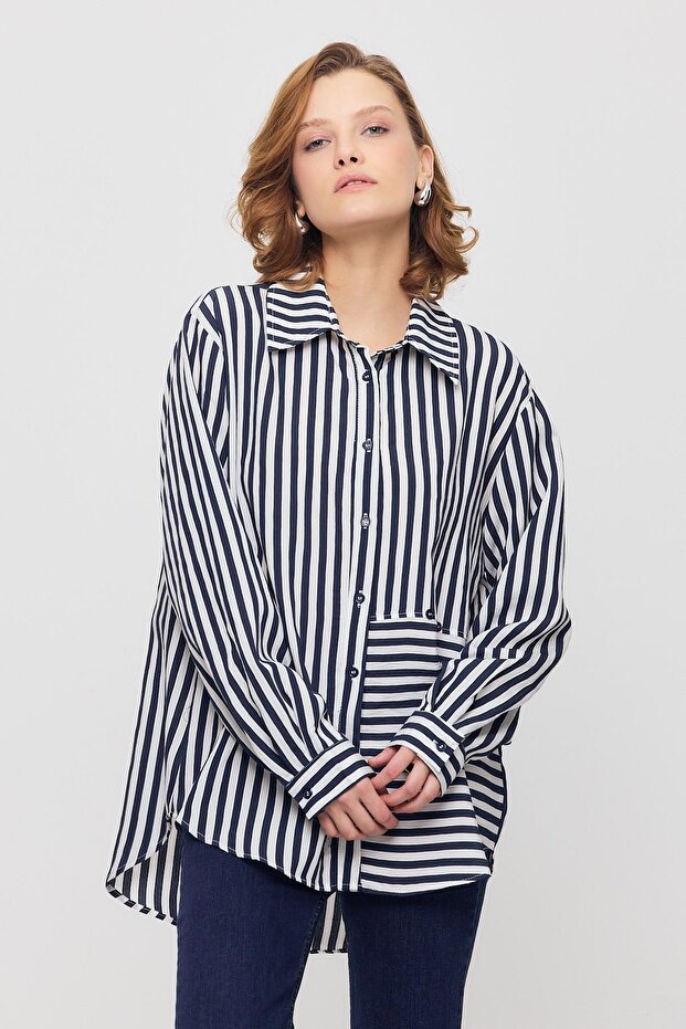 قميص كحلي، 4522A مخطط بأزرار - 1