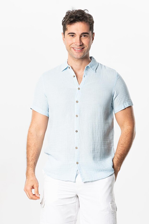 Short Sleeve Men's Summer Muslin Shirt Ice Blue Bmv