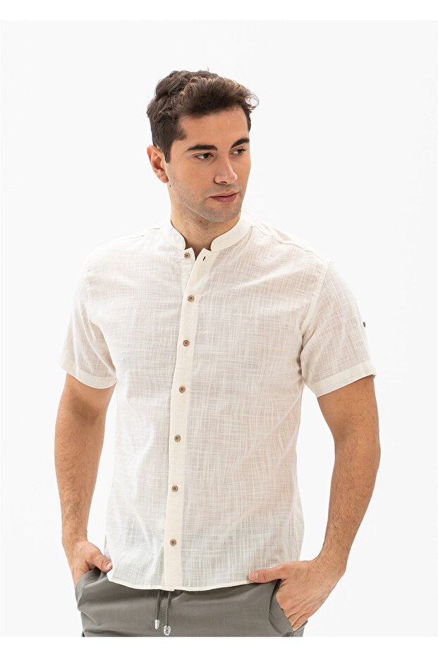 Short Sleeve Slubbed Cotton Bodrum Summer Men's Shirt Cream 3002