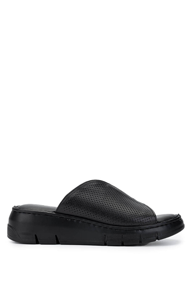 Women's Genuine Leather Black Leather Heeled Slippers