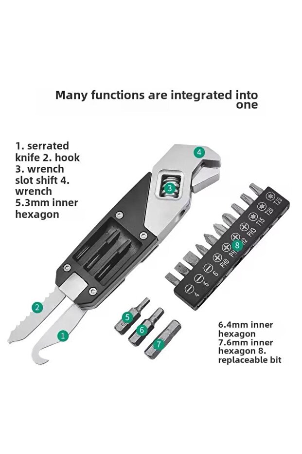 Stainless Steel Adjustable Wrench, Foldable Pocket, Multi-function Tool, Screwdriver Bit Set - 3
