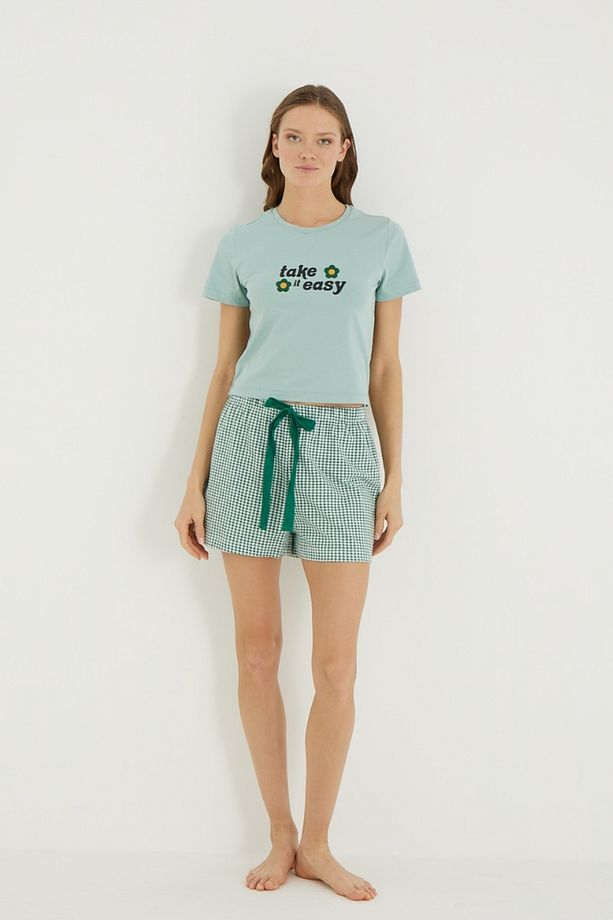 Pötikareli Yazı Baskılı Şort Pijama Takımı - 5
