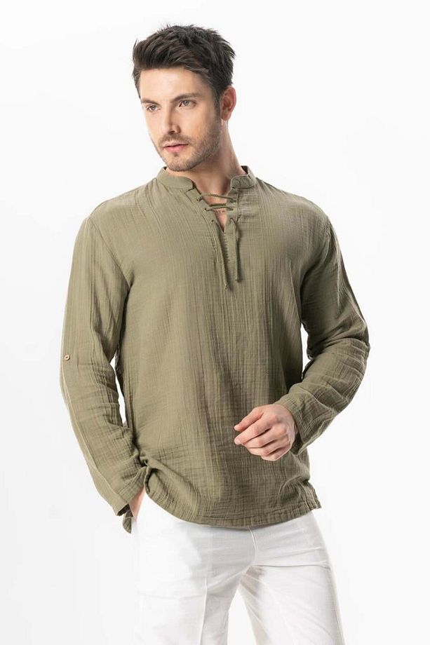Uzun Kol Doruk V Yaka Bağcıklı Müslin Erkek Yazlık Tshirt Haki Hk - 4