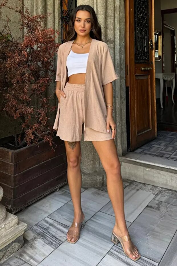 Women's Beige Wrap Kimono Vest Shorts Bottom-Top Set
