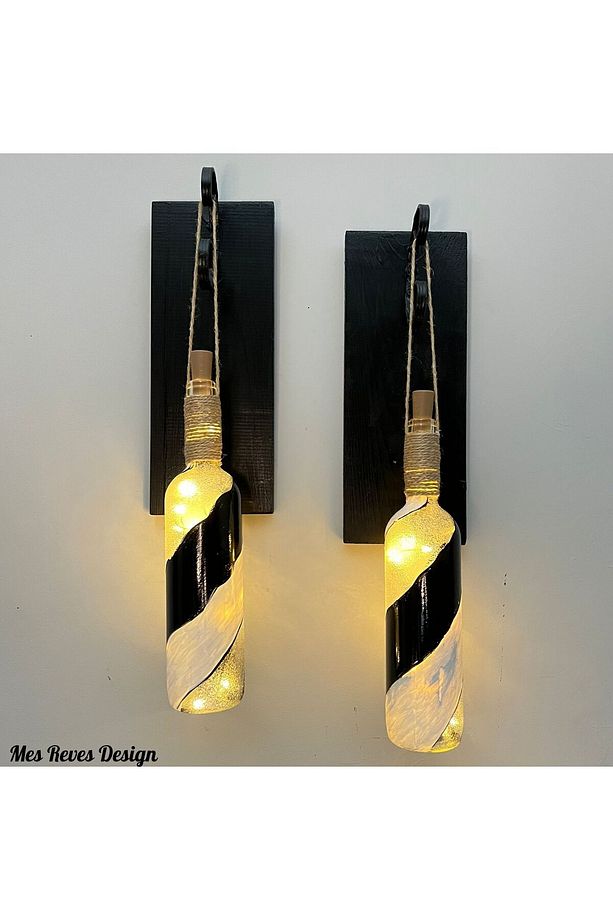 Led Işıklı Ahşap Siyah Renkli Vitray Cam Salon Bar Bahçe Dekoru Şarap Şişesi Duvar Aplik 2'li Set - 5