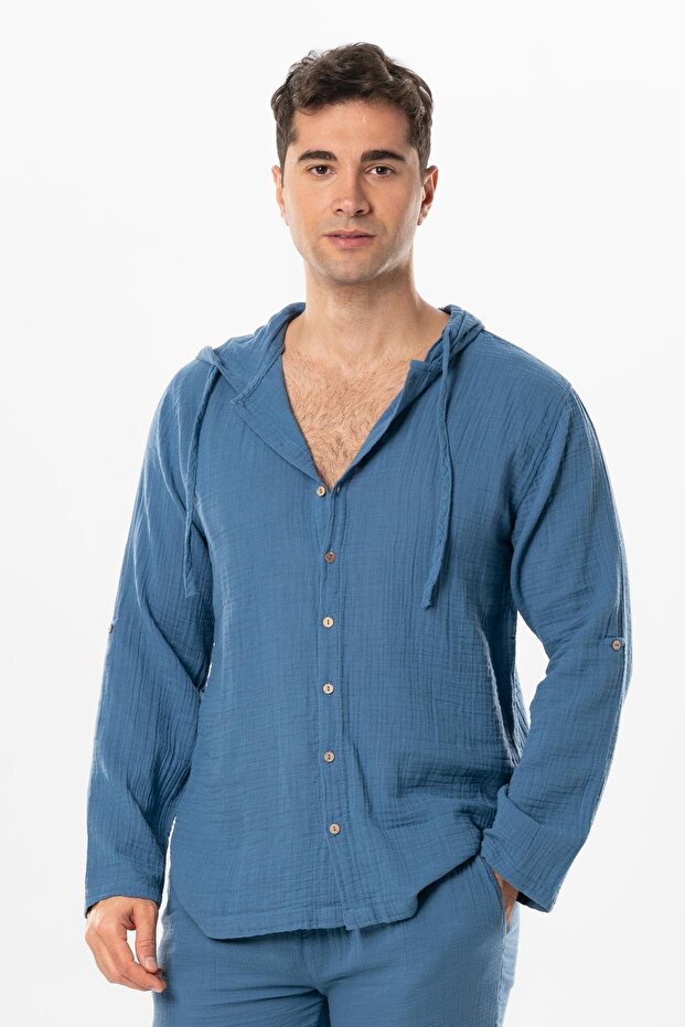 Long Sleeve Men's Hooded Summer Muslin Sweatshirt Indigo Indg