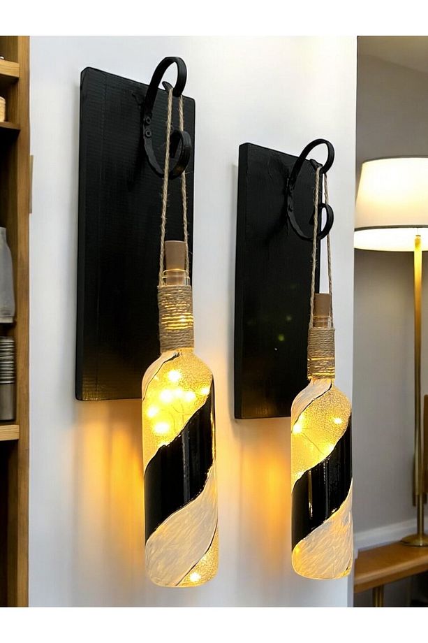 Led Işıklı Ahşap Siyah Renkli Vitray Cam Salon Bar Bahçe Dekoru Şarap Şişesi Duvar Aplik 2'li Set - 1