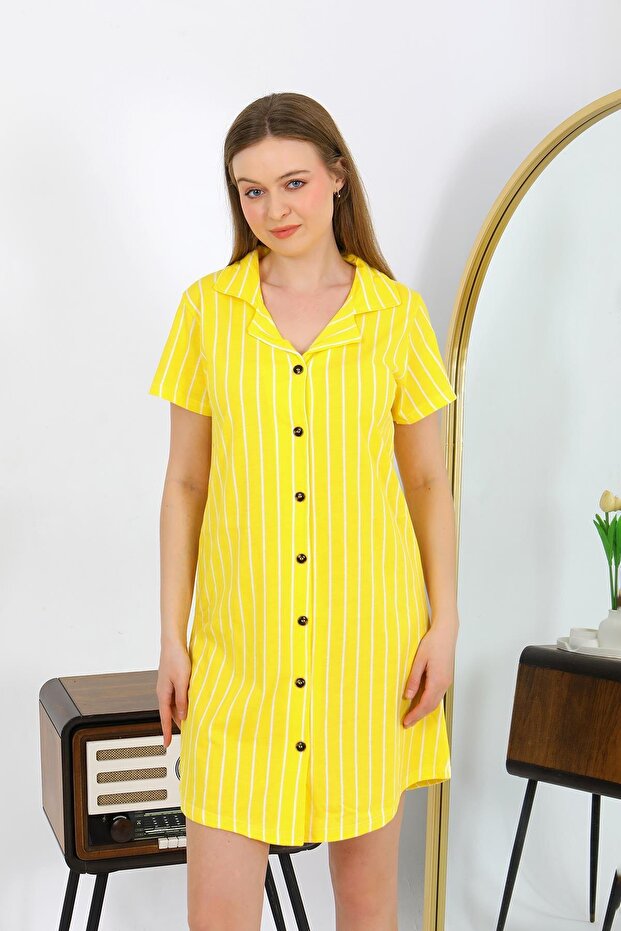 Women's Cotton Combed Short Sleeve Buttoned Yellow Tunic Nightgown 13111