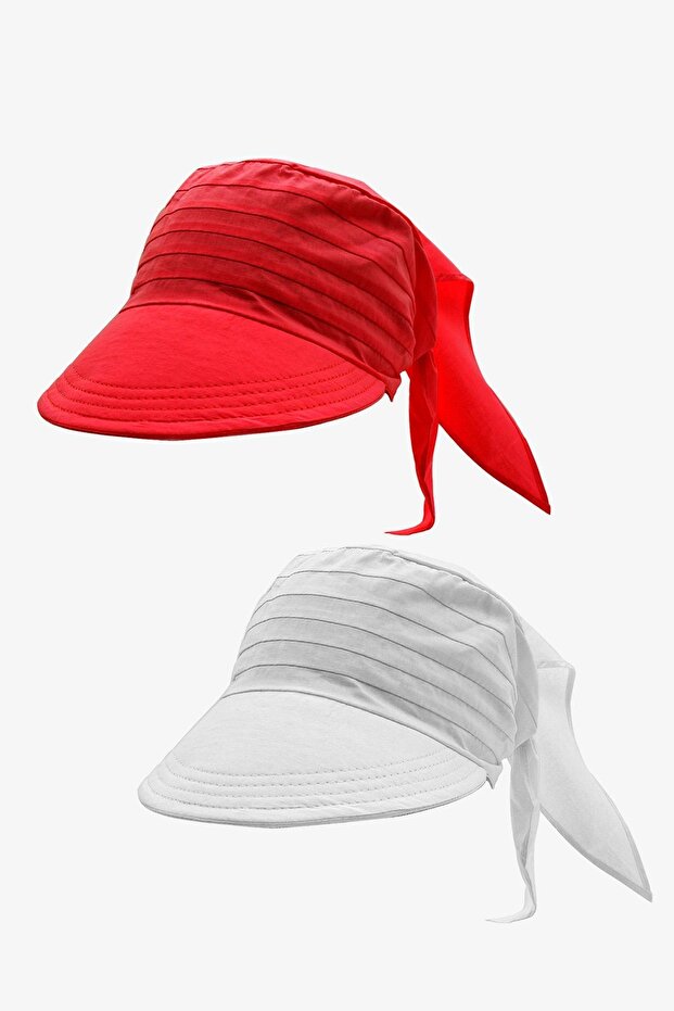 Women's Tie-Up Brim Scarf Bandana Beach Hat 2 Pack Red/White