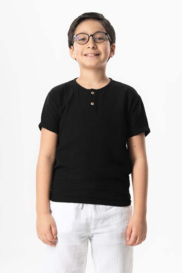 Short Sleeve Western Summer Muslin Boys' Tshirt Black Syh