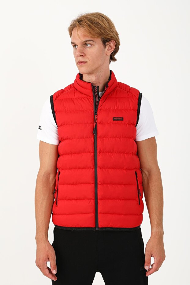 سترة رجالية عادية ياقة مرتفعة متوسطة الطول باللون الأحمر - 1