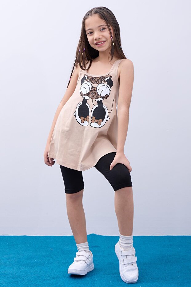 Girl's Leopard Patterned Minnie Mouse Printed Strappy Tunic and Leggings Set - Stone