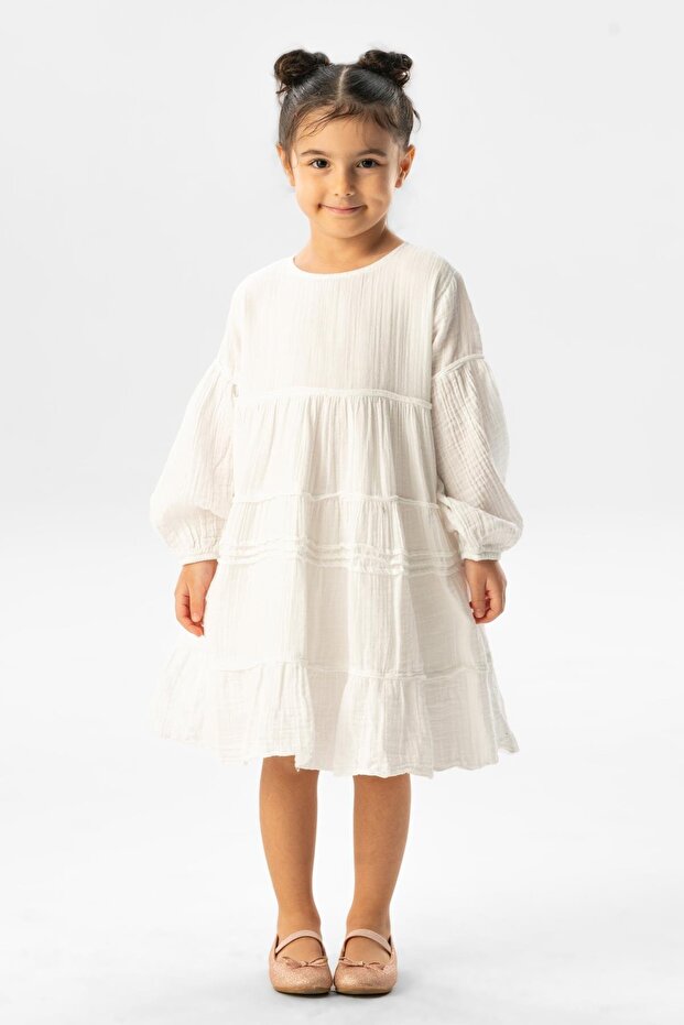 Long Sleeve İlay Summer Muslin Children's Dress White Byz
