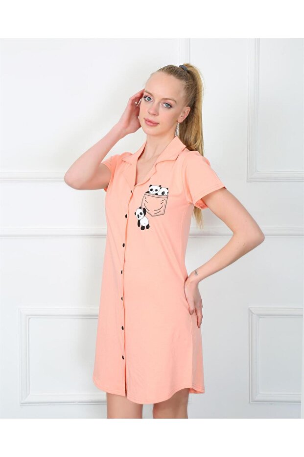 Women's Combed Cotton Front Buttoned Pink Tunic Nightgown 1032