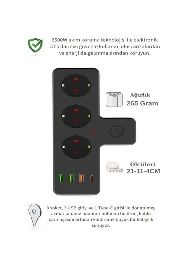 2500w 3 Lü Priz Kablosuz 3xusb 1xtype-c Bakır Iletken Çocuk Akım Korumalı Çoklu Üçlü Priz - 2