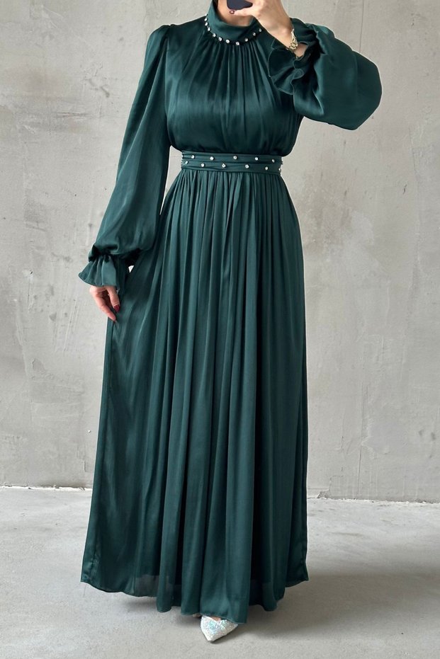 Flowing Satin Fabric Pearl Detailed Hijab Evening Dress Green