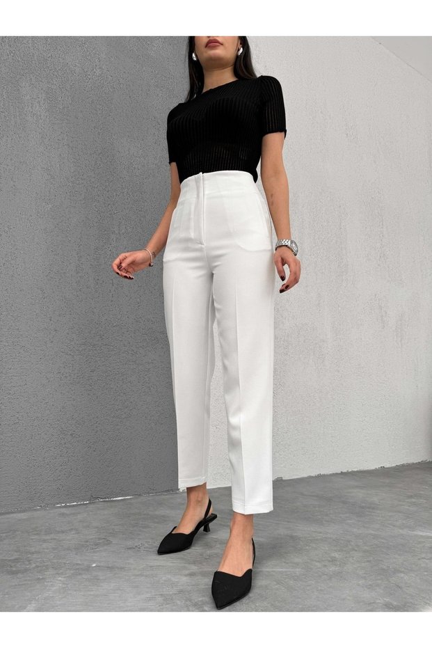 Women's High Waist Pencil Ankle Length Premium Quality Woven Carrot Pants Kr1000