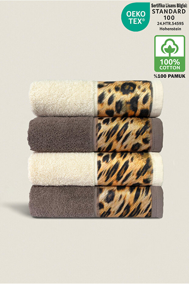 4-Piece Leopard Towel Set 100% Cotton Certified, Hand / Face / Kitchen Towels 50X90Cm Brown - Cream