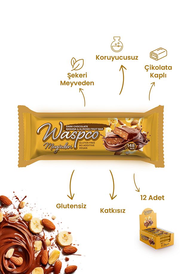 Bitter Çikolata Kaplı Muzlu ve Bademli Meyve Bar 35g x 12 Adet - 3
