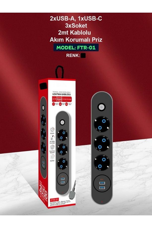 FTR-1 2500Watt 2USB 1Type-C 10A Akım Korumalı 3'lü 2M Kablolu Siyah Çoklu Priz - 5