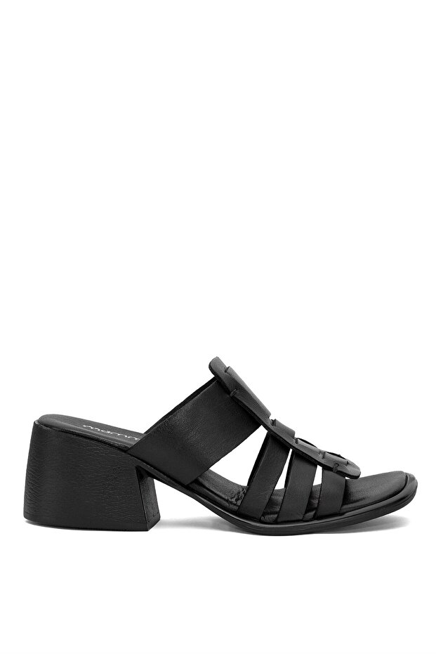 D25Yt-1540 Women's Genuine Leather Heeled Slippers Black
