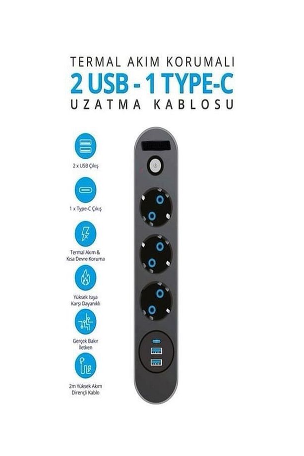 FTR-1 2500Watt 2USB 1Type-C 10A Akım Korumalı 3'lü 2M Kablolu Siyah Çoklu Priz - 4