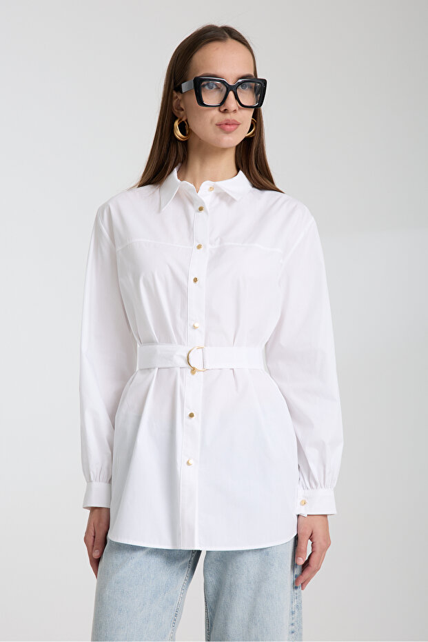 Kemerli Poplin Gömlek - 1