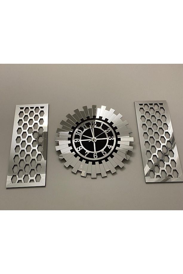 Dekoratif 3 Lü Duvar Saati Seti 40 Cm Gümüş Modern Türk Rakamlı Piyano Saat 14 X 39 Cm Petek - 3