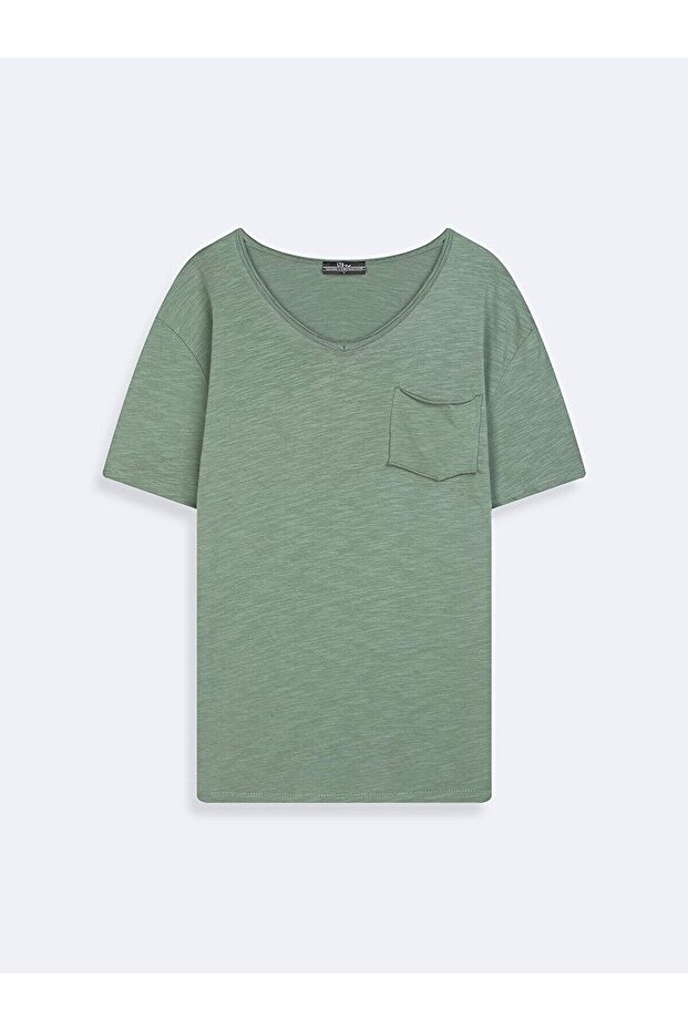 Sıfır Yaka Basıc Kısa Kol Regular Yeşil T-shırt - 1