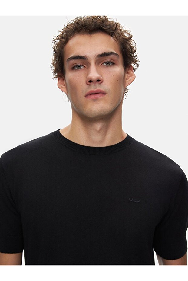 Kısa Kollu Basıc Triko Siyah Kazak - 4