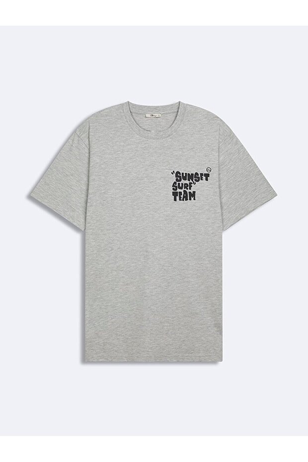 Short Sleeve Crew Neck Slogan Printed Regular Gray T-Shirt