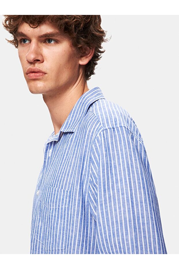 Relaxed Keten Görünümlü Çizgili Mavi Gömlek - 5