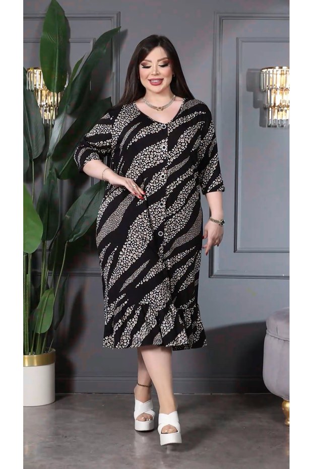 Women's Plus Size Black Print Button Accessory Ruffle Dress