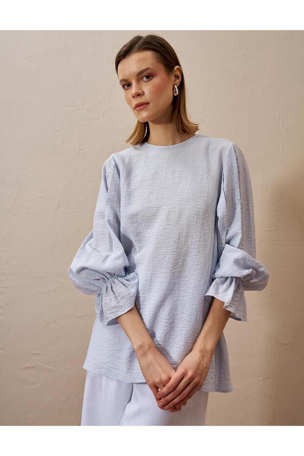 Sırtı Bağcıklı Poplin Bluz Mavi - 1