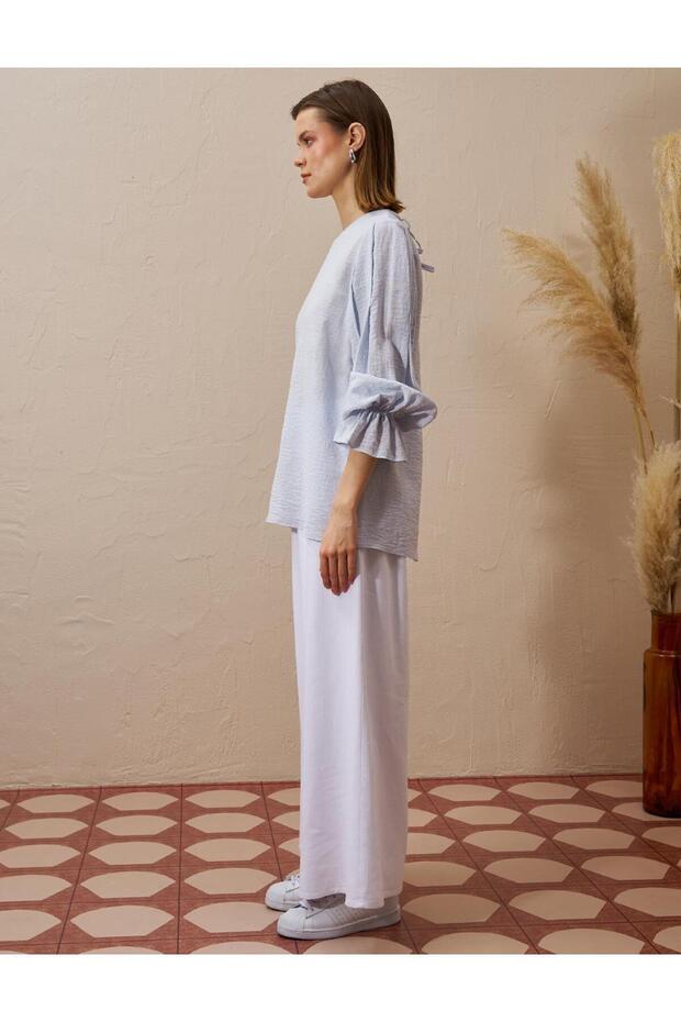 Sırtı Bağcıklı Poplin Bluz Mavi - 5