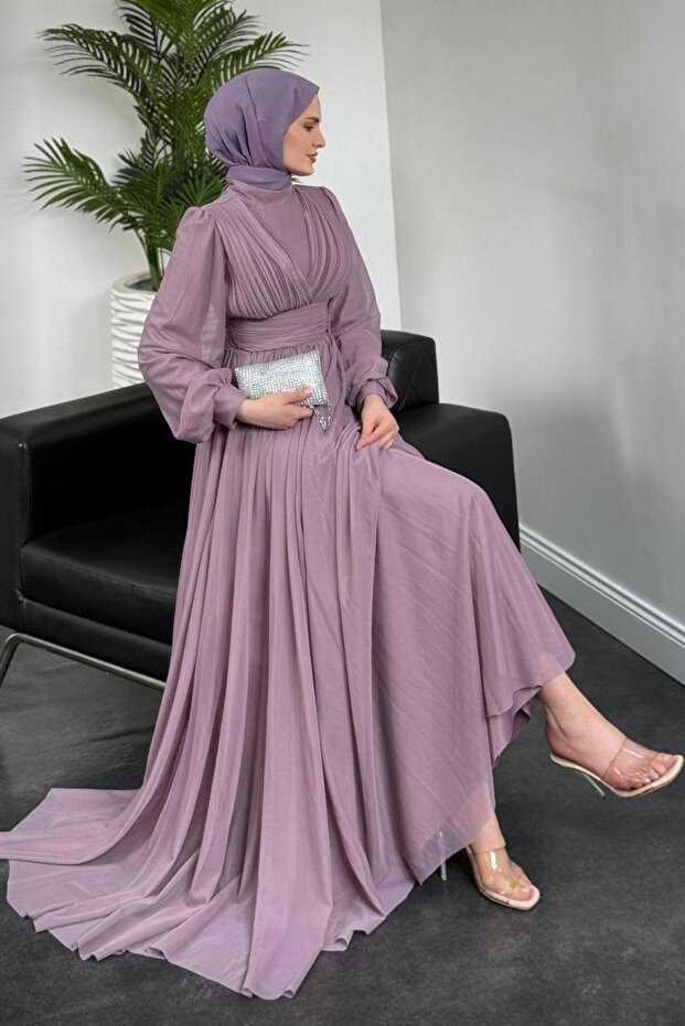 Lilac Tulle Evening Dress Alessi with Waist and Draped
