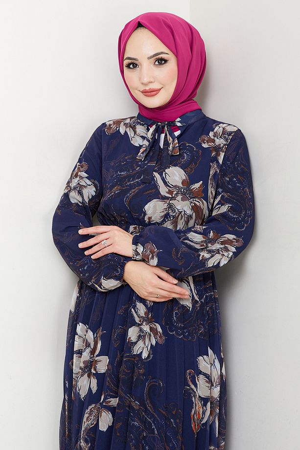 Çiçek Desenli Tesettür Elbise 5035ANT904-M Laci - 4