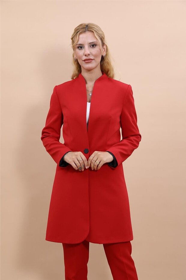 Self-Standing Collar Single Button Long Jacket - Red - 1074100