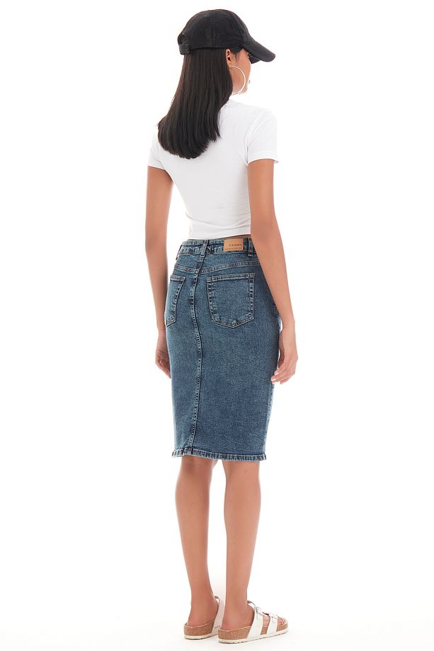 Kadın Tint Kot Rengi Erica Midi Boy Yüksek Bel Yırtmaçlı Jean Etek - 6