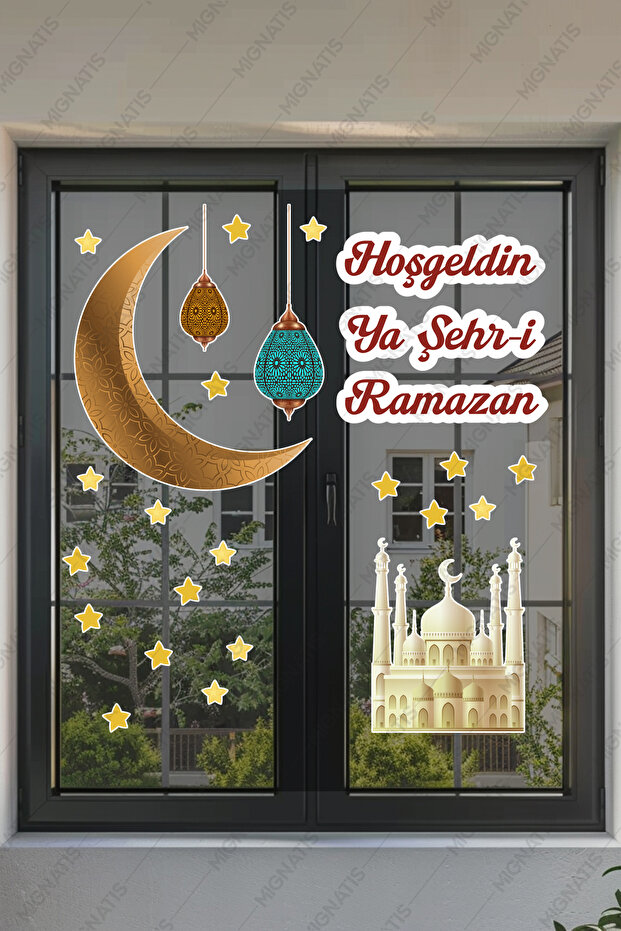 Welcome Ya City-i Ramadan Mosque Crescent Ramadan Bear Themed Sticker Set Glass Wall Ornaments Children's Room