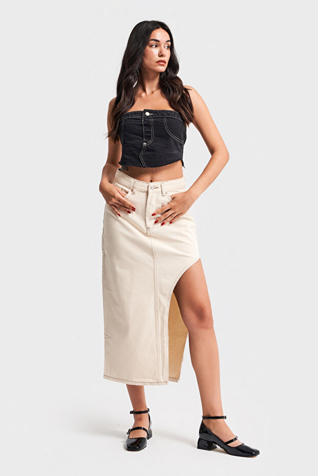 Women's Raw Organic Color Rosa Long Denim Skirt with Side Deep Slit Detail