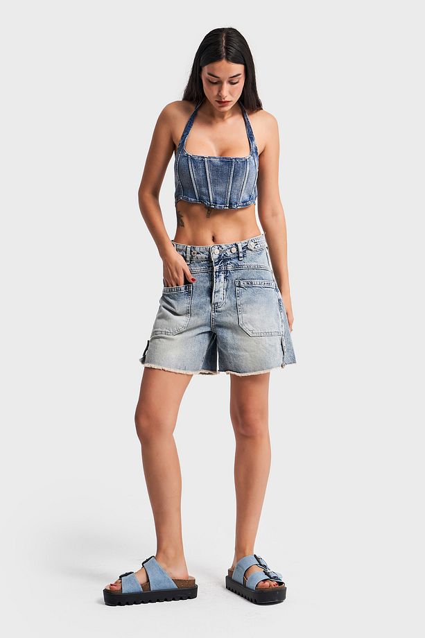 Kadın Tint Kot Rengi Kemer Detaylı Önden Cepli Denim Şort - 4