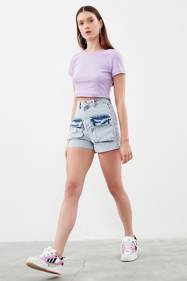 Kadın Snow Kot Rengi Kargo Cep Denim Şort - 6