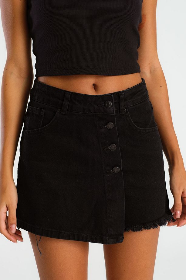 Kadın Black Od Siyah Renk Önü Düğmeli Denim Şort Etek - 5