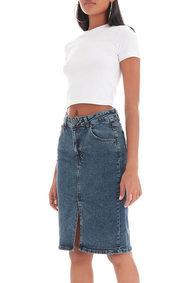 Kadın Tint Kot Rengi Erica Midi Boy Yüksek Bel Yırtmaçlı Jean Etek - 3