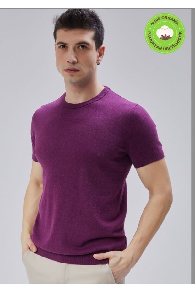 Men's Plum 100% Cotton Crew Neck Short Sleeve Knitwear Sweater Trist-7106