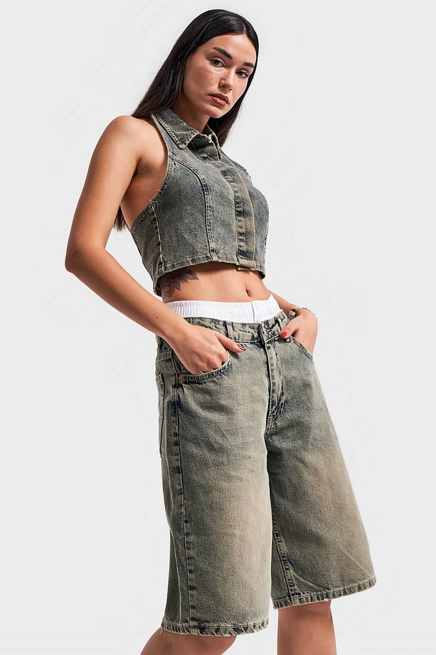 Kadın S Tint Kot Rengi Boxer Detaylı 60cm Palazzo Denim Şort - 7