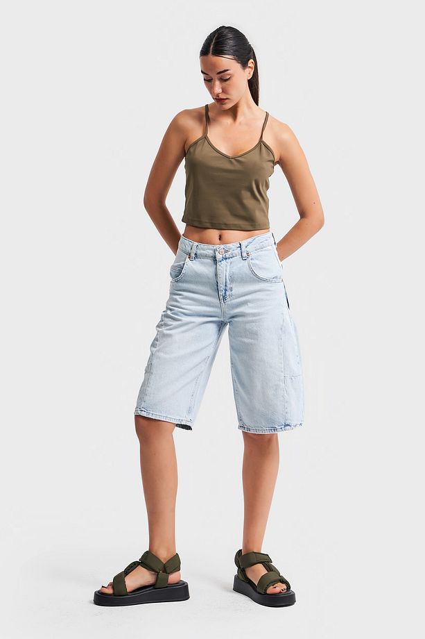 Kadın Snow Kot Rengi Midi Boy Barrel Fit Denim Şort - 5